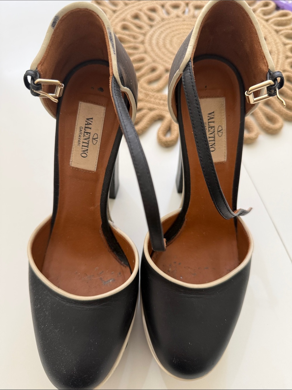 Valentino Black and Cream Leather Ankle-Strap Heels